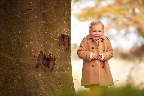 Portrait Young Girl Standing Trunk Autumn Tree Playing Hide Seek — Stockfoto