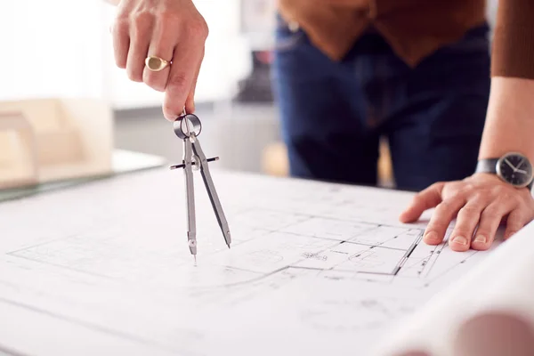 Close Male Architect Office Measuring Plan Blueprint Using Dividers — Φωτογραφία Αρχείου
