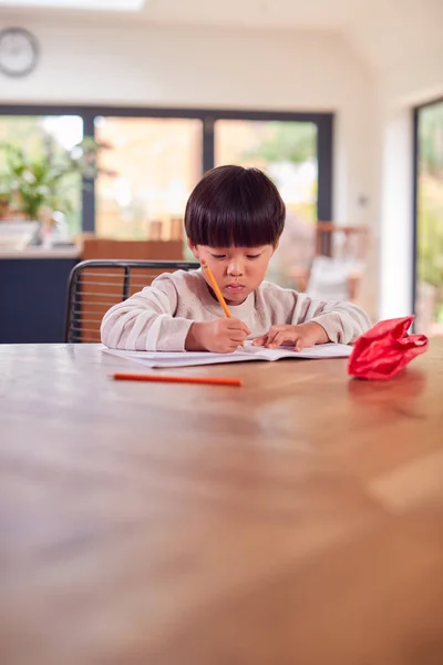 Fiatal Ázsiai Fiú Home Schooling Dolgozó Asztalnál Konyha Írás Könyvben — Stock Fotó