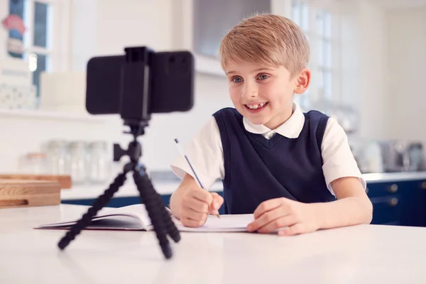 Boy Home Wearing School Uniform Having Online Lesson Video Call — Stock Photo, Image