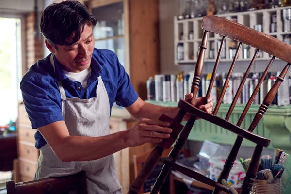 Mature Asian Man Restoring Furniture Workshop Home — Stock Photo, Image