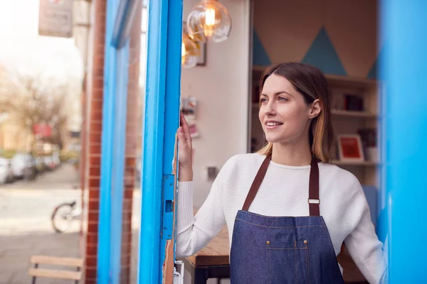Usmívající Žena Malé Firmy Majitel Stojící Obchodě Dveře Místní High — Stock fotografie