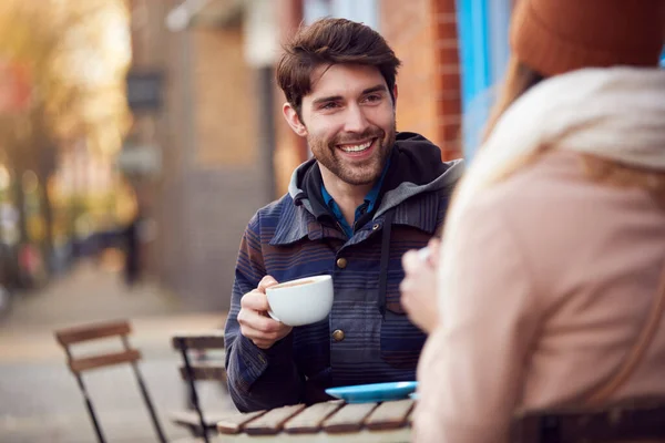 Couple Date Sitting Coffee Shop Busy City High Street Looking — Stock Photo, Image