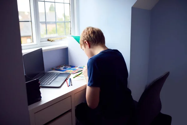 Boy Sitting Desk Home Schooling Using Laptop Online Learning Health — Stock Photo, Image