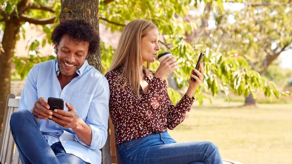 屋外公園での熟女カップルミーティングベンチに座って携帯電話を見て — ストック写真