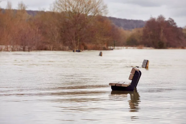 Benches Submerged River Thames Floods Bursts Banks — 스톡 사진