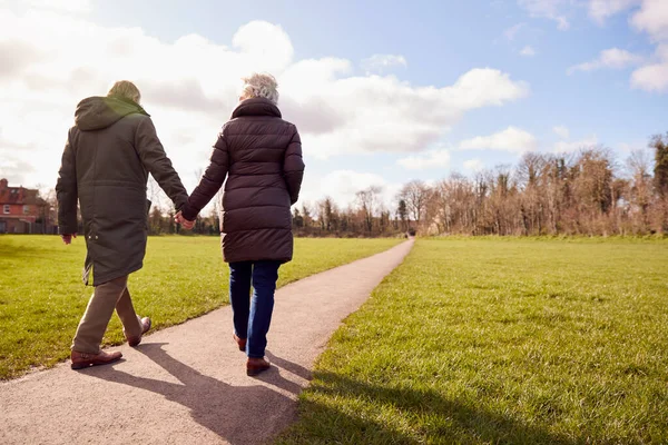 Vista Posteriore Della Coppia Anziana Amorevole Che Tiene Mani Godendo — Foto Stock