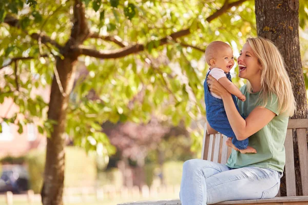 Loving Mother Cuddling Playing Baby Daughter Outdoors Sitting Seat Summer — Stock Photo, Image