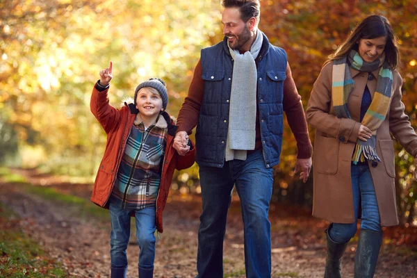 両親と田舎を歩く家族の秋の散歩に興奮した男の子 — ストック写真