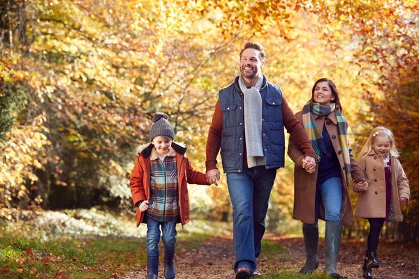 Familie Mit Reifen Eltern Und Zwei Händchenhaltenden Kindern Auf Dem — Stockfoto