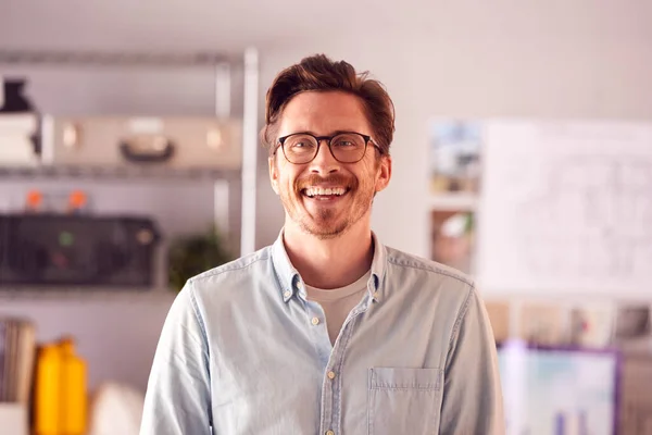 Portrait Smiling Male Architect Office Standing Desk — Fotografia de Stock