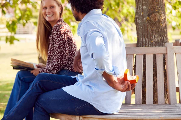 Volwassen Man Naar Aanzoek Naar Vrouw Park Verbergen Ring Box — Stockfoto