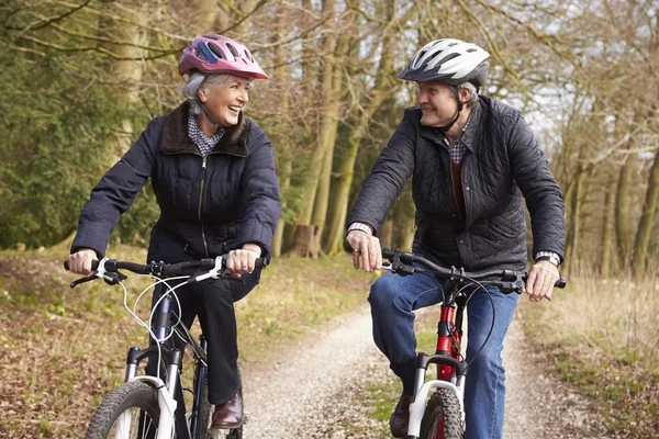 Couple aîné en vélo dans la campagne d'hiver — Photo