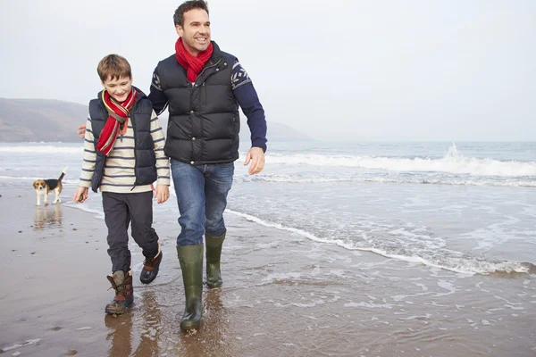 Otec a syn na zimní Beach — Stock fotografie