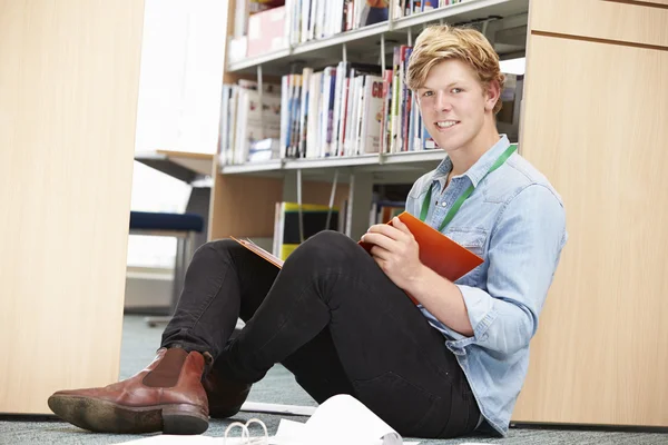 Estudante masculino na biblioteca — Fotografia de Stock