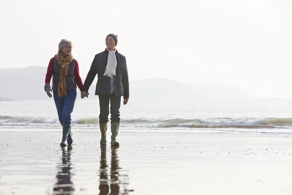 Couple aîné sur la plage d'hiver — Photo