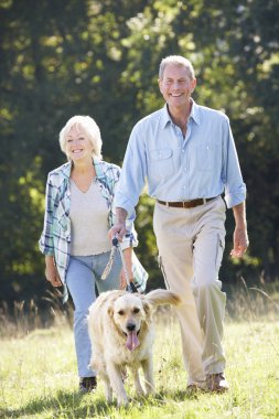 Senior couple walking dog clipart