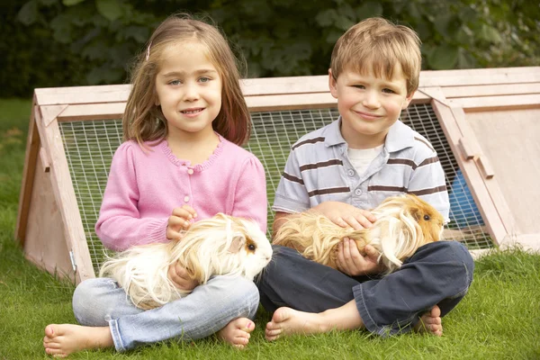 Pojke och flicka med marsvin — Stockfoto