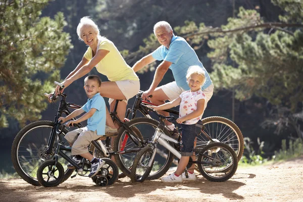 Coppia di anziani con nipoti in bicicletta — Foto Stock