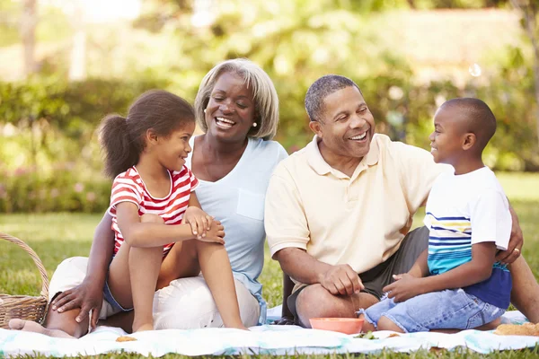 Far-och morföräldrar och barnbarn ha picknick — Stockfoto