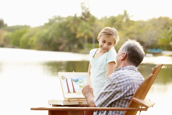 Grandfather With Granddaughter Painting — Stock Photo, Image