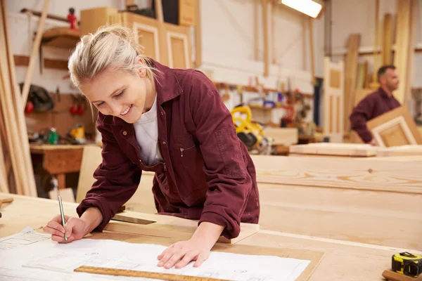 Female Apprentice Working With Plans — Stock Photo, Image