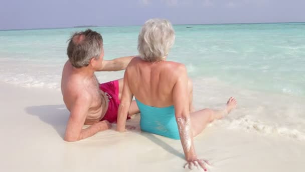 Caméra positionnée derrière couple senior — Video