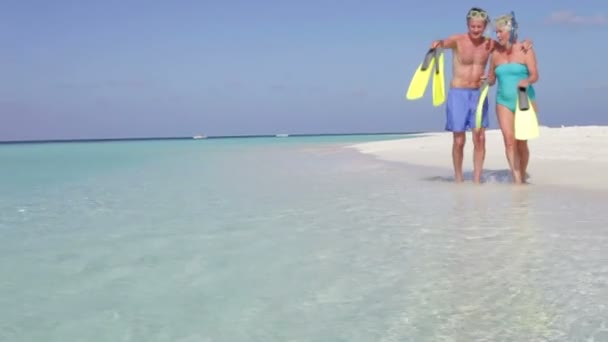 Senior couple walk along shore — Stock Video