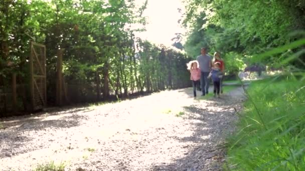 Familienwanderung in der sommerlichen Landschaft — Stockvideo