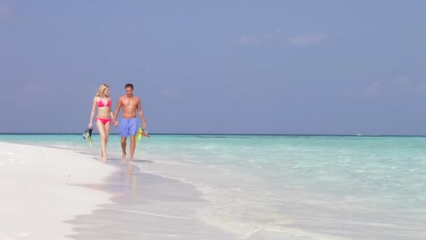 Couple walking along shore holding flippers — Stock Video