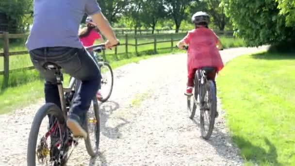 Vader en kinderen op fietstocht — Stockvideo