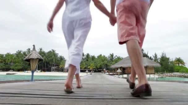 Couple sénior marchant sur la jetée — Video