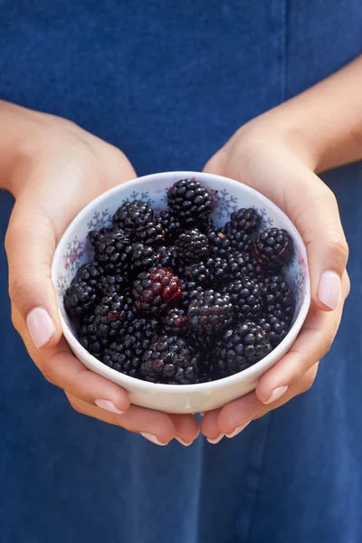 Woman Holding Bowl Of Blackberries — Stock Photo, Image