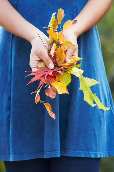 Frau hält Herbstlaub in der Hand — Stockfoto