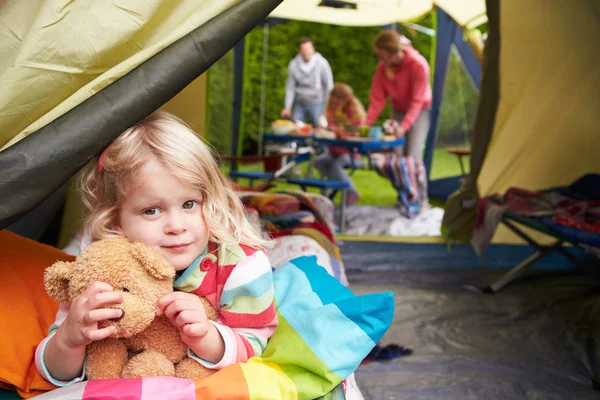 Girl With Teddy Bear Enjoying Camping — Stock Photo, Image