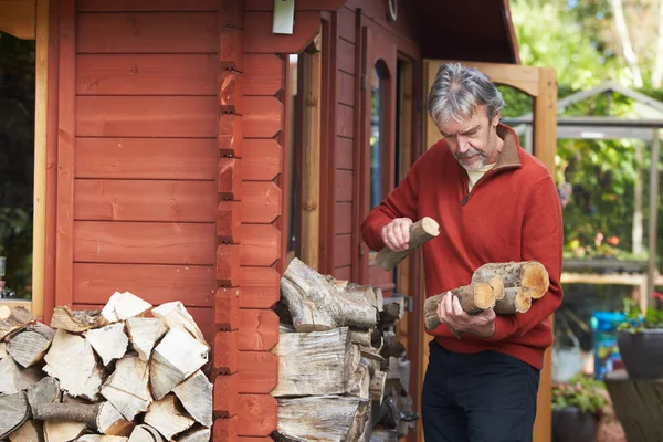 Mature Man Collecting Logs For Fire — Stock Photo, Image