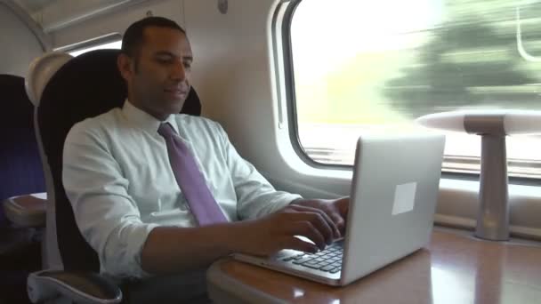 Businessman working at laptop in train — Stock Video