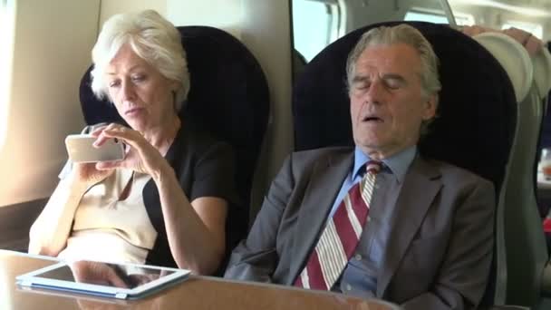 Két vezető üzletemberek ingázás a vonat — Stock videók