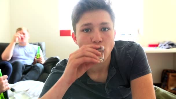 Adolescentes bebendo álcool no quarto — Vídeo de Stock