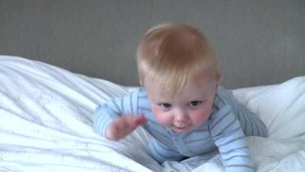 Bébé garçon rampant à travers le lit — Video