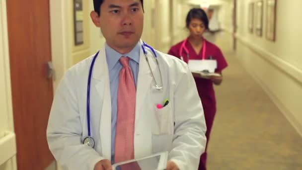 Doctor Walking Along Hospital Corridor — Stock Video