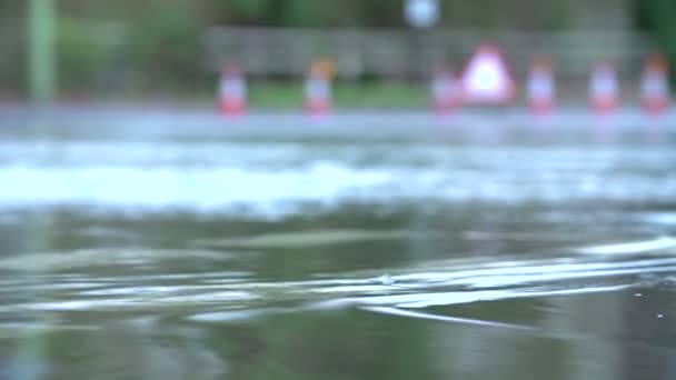 Warning Traffic Sign On Flooded Road — Stock Video