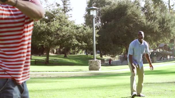 Двоє чоловіків грають в бейсбол в парку — стокове відео