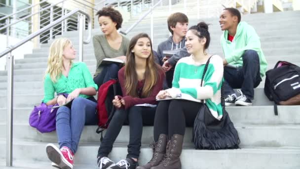 Estudiantes de escuela sentados en las escaleras — Vídeo de stock