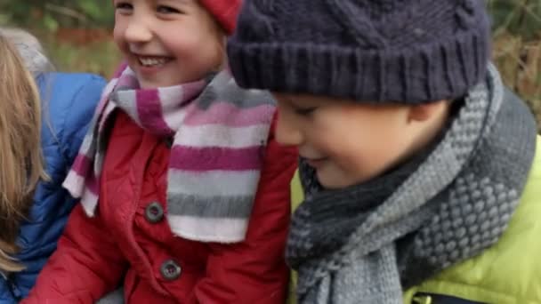 Três crianças na floresta de inverno — Vídeo de Stock