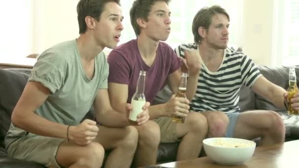 Grupp av manliga vänner sitter på soffan — Stockvideo