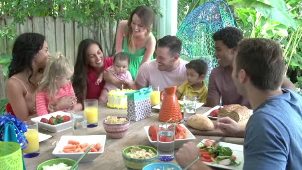 Grupo de famílias comemorando o aniversário da criança — Vídeo de Stock