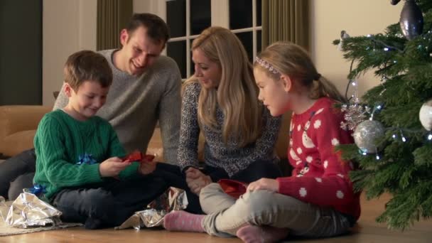 Familie packt Geschenke am Weihnachtsbaum aus — Stockvideo