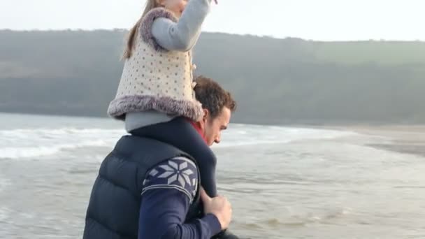 冬のビーチを歩く家族 — ストック動画