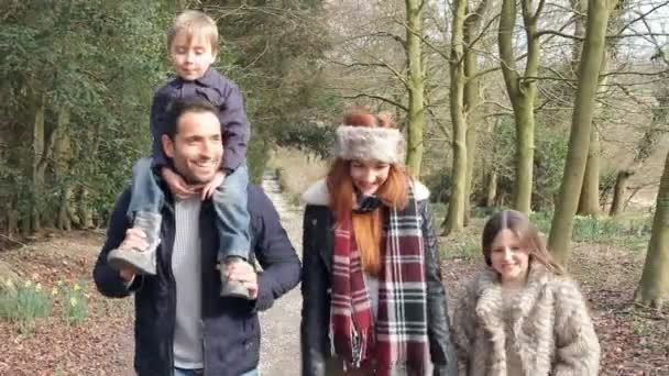 Família no campo de inverno caminham juntos — Vídeo de Stock